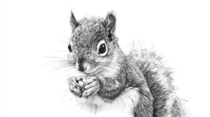 Squirrel with nuts in paws, carefully observing surroundings, showcasing its curious nature in a black and white sketch