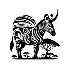 Fototapeta premium A mythical zebra unicorn stands in an african savanna
