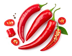Red chili peppers arranged with slices and peppercorns