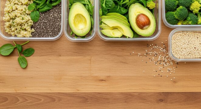 Fresh and Healthy Ingredients for Meal Prep with Avocado, Broccoli, Spinach, Quinoa, and Chia Seeds on Wooden Surface - Powered by Adobe