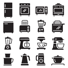 Black kitchen appliance icon set