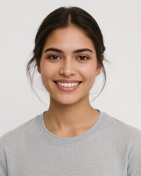South Asian young woman wearing plain dove gray tshirt smiling happy portrait on plain white background
