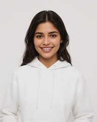 Obraz premium South Asian young woman wearing plain white hoodie smiling happy portrait on plain white background