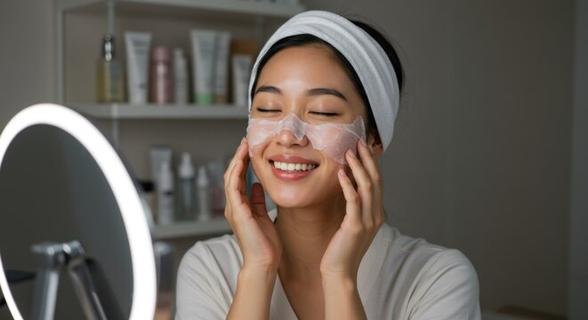 Joyful young Asian woman applying under-eye patches, enjoying her daily beauty and skincare routine at home in front of a mirror.