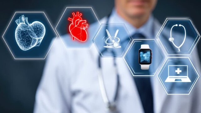 Medical Innovations: A doctor stands at the forefront of modern medicine, a symphony of health and technology. Futuristic, elegant, and clinically informative.