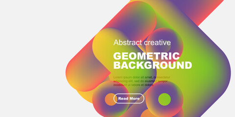 Naklejka premium Vibrant abstract shapes overlap, creating dynamic geometric background. Text promotes further exploration. Modern design elements present.