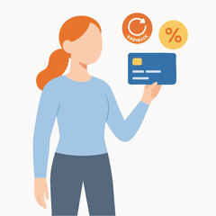 Flat Illustration Woman Holding Credit Card with Cashback and Percentage Icon