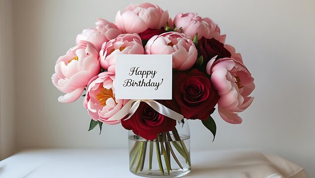 Pink Peony Floral Arrangement with a Happy Birthday Card
