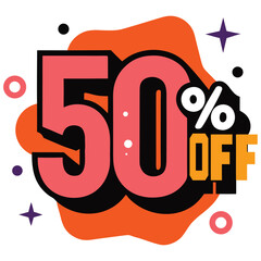Vibrant and eye catching graphic design featuring a large bold fifty percent off sale announcement with decorative elements and splashes of color