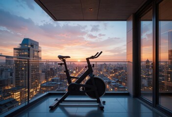Sleek Stationary Bike on a Glass Balcony, Cityscape Aglow with Golden Hour, Minimalist Design.