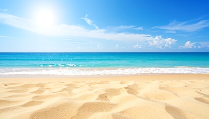 Fototapeta premium Sunny beach scene with calm turquoise water and soft, textured sand
