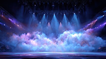 A vibrant stage is illuminated with bright spotlights and atmospheric smoke. Great for event promotions or to showcase entertainment venue designs.