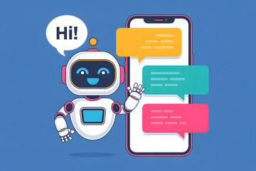 Friendly robot waving next to smartphone with chat bubbles 3