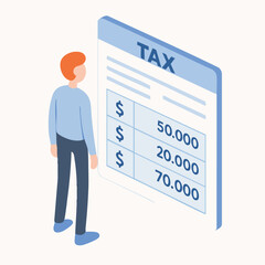 Isometric Man Calculating Tax Form Document with Financial Information Illustration