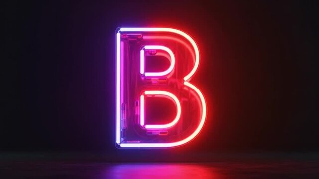 Glowing Neon Letter B Sign Vibrant Red Purple Light Display Dark Background Modern Alphabet Symbol Electric Illumination Abstract Branding Business 4K Ai HD video.