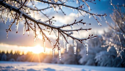 Tree branches covered in clear icicles glisten in the sunlight against a blue sky with a snowy landscape in the background.