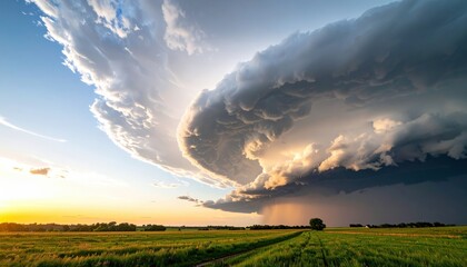 A dramatic storm cloud swirls over a green field at sunset, with sunlight illuminating the edges and casting shadows over the landscape.