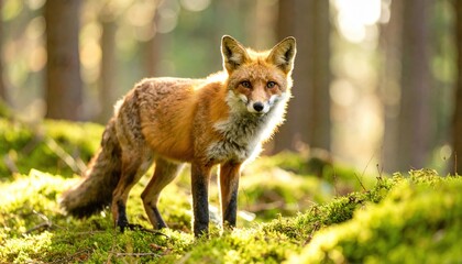 A red fox stands alert on a mossy forest floor, bathed in soft sunlight filtering through tall trees in a serene woodland setting.
