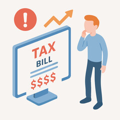 Isometric Illustration of Tax Bill on Computer Screen with Concerned Man