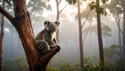 A koala sits calmly on a tree branch in a misty, sunlit forest, surrounded by tall eucalyptus trees and soft morning light.
