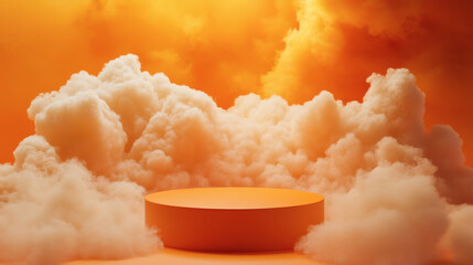 Orange pedestal surrounded by soft clouds.