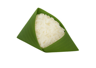 sticky rice, banana leaf, Thai food, traditional packaging, triangle rice, isolated, steamed rice,open packaging
