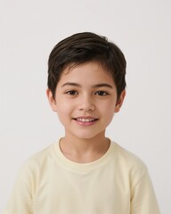 East Asian child boy wearing plain cream yellow tshirt smiling happy portrait on plain white background