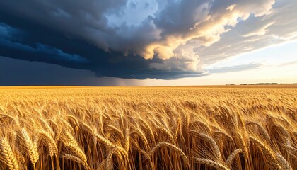 A golden wheat field stretches under a dramatic sky with dark storm clouds approaching from the horizon.