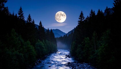 Full moon over a tranquil river valley, nestled within a dark, dense forest