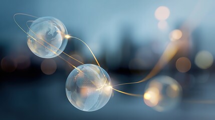 Abstract Global Tech Network with Connected Floating Spheres Over City Business System Landscape