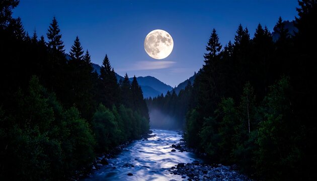 Full moon over a tranquil river valley, nestled within a dark, dense forest - Powered by Adobe