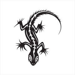 Tribal Lizard Tattoo, Stylized Salamander Silhouette with a Skeletal Spine, Black Vector Art.
