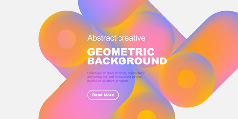 Abstract shapes, vibrant colors, geometric design. Modern background with text, button present. Clean, minimalist aesthetic.