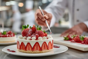 Chef is decorating a strawberry cake with precision using culinary tweezers. Showcase dessert preparation for recipes or culinary school advertisements.