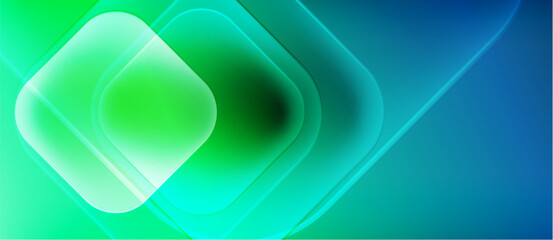 Abstract background features overlapping squares, gradients from green to blue. Smooth transitions create luminous effect. Modern design.