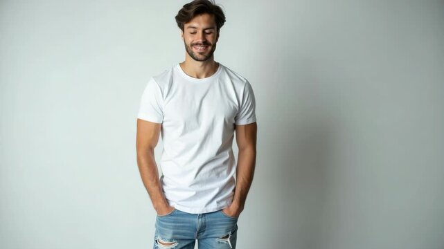 Full-body shot of an athletic attractive bearded young male in ripped light blue jeans and blank white short sleeve t-shirt near white studio background.