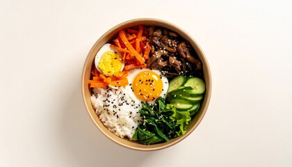 top view of Korean Bibimbap in a take out container 