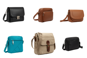 Set of shoulder bags in various styles and colors on white background  