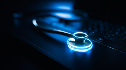 sleek stethoscope with a bright blue glow, placed on a laptop keyboard in a dark setting, representing the integration of technology and modern medicine.