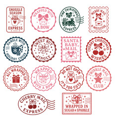 vector coquette christmas postage stamps in pink red and navy with bows cherries and sparkles