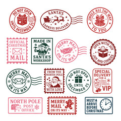 vector christmas stamps in red, green and pink with santa, elves, gifts and funny slogans on white background, includes north pole mail and delivery icons