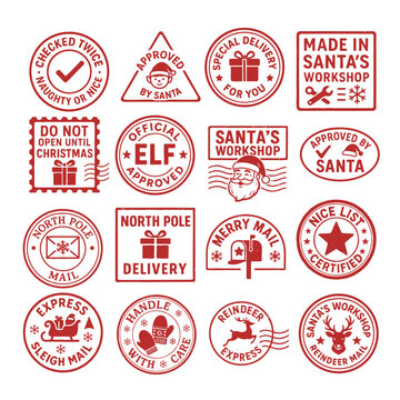 collection of red christmas postage stamp vector icons with santa, elves, reindeer and mail labels on white background, includes funny slogans
