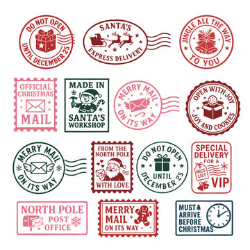 vector christmas stamps in red, green and pink with santa, elves, gifts and funny slogans on white background, includes north pole mail and delivery icons