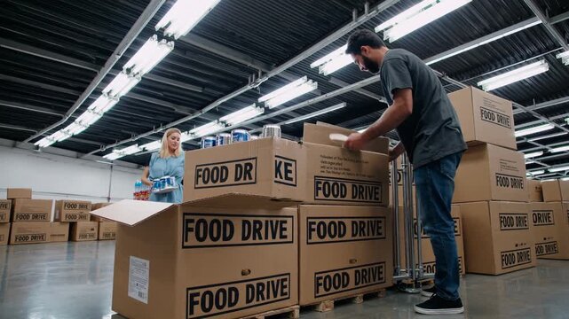 Food Drive Preparation Stacked Pallets of Donations in a Warehouse, Ideal for Social Impact Projects, Inspiring Generosity and Community Spirit.