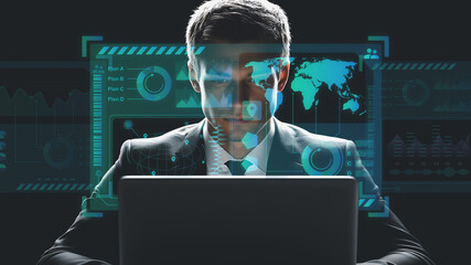 Businessman analyzing global data with futuristic digital interface screen.