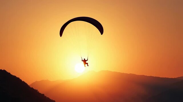 Lonely silhouette of pilot fly on parachute in sunset. Beautiful epic pink sunset over mountains. Professional paraglider enjoys fresh air and extreme adrenaline while in air.