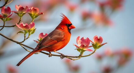 A vibrant male Northern Cardinal perched on a dogwood branch, amidst a soft-focus backdrop of blooming pink dogwood flowers.