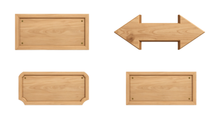 Selection of handcrafted wooden signage on an isolated transparent background for creative projects