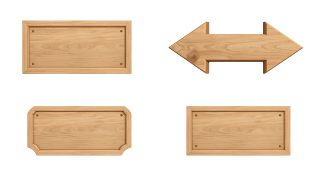 Selection of handcrafted wooden signage on an isolated transparent background for creative projects
