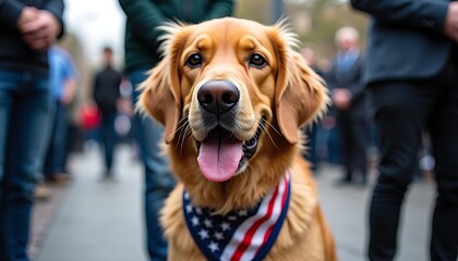 Golden Retriever's Patriotic Pride: A golden retriever with a patriotic bandana gazes directly at the viewer, radiating happiness and pride amidst a blurred crowd, capturing its vibrant energy.